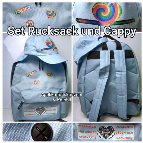 Set Rucksack u Cappy Hellblau mit angebrachten Unikat Applikationskonzept